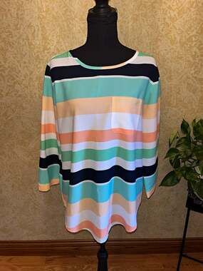 Van Heusen Women's M Multicolor Striped Round Neck 3/4 Sleeve Blouse